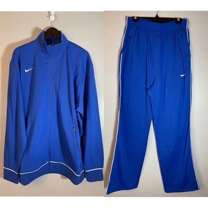 Nike blue basketball suit with white piping. Relaxed Straight/ wide leg style.